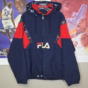 Vintage Fila Pull- Over Navy and Red Hooded Jacket